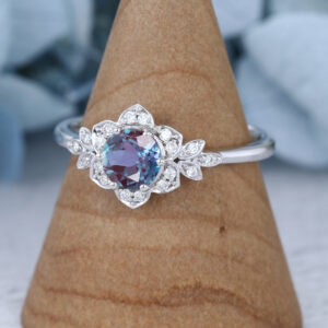 Vintage Lab Alexandrite Cluster Ring White Gold Engagement Ring Unique Flower Bridal Anniversary Gift Promise Ring2