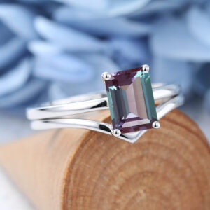 White Gold Emerald Cut Lab Alexandrite Eneagement Ring Set