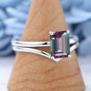 White Gold Emerald Cut Lab Alexandrite Eneagement Ring Set1