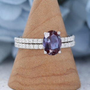 White Gold Emerald Cut Lab Alexandrite Eneagement Ring Set2