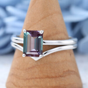 White Gold Emerald Cut Lab Alexandrite Eneagement Ring Set2