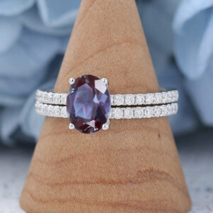 White Gold Emerald Cut Lab Alexandrite Eneagement Ring Set3