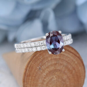 White Gold Emerald Cut Lab Alexandrite Eneagement Ring Set4