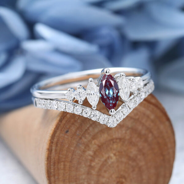 White Gold Marquise Cut Alexandrite Engagement Ring Set