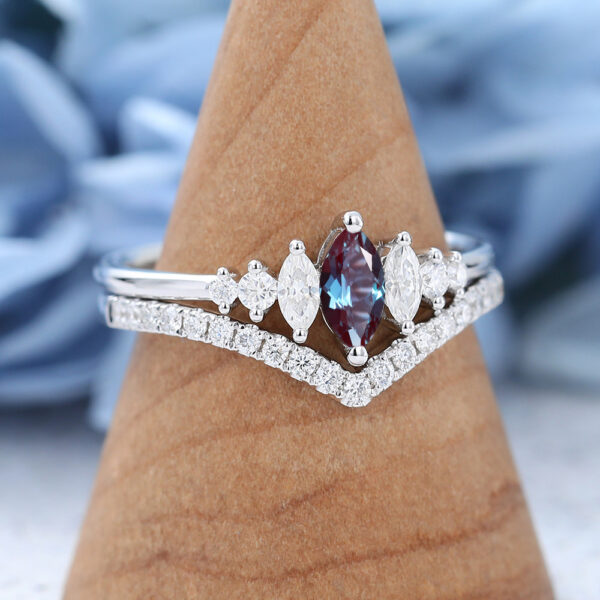 White Gold Marquise Cut Alexandrite Engagement Ring Set
