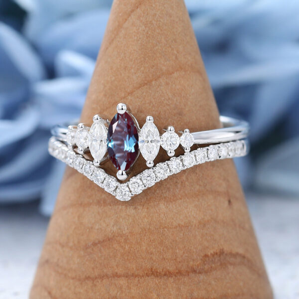 White Gold Marquise Cut Alexandrite Engagement Ring Set