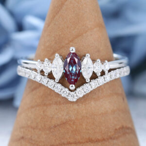 Marquise cut Lab Alexandrite engagement ring Set white gold vintage engagement ring Curved ring Antique moissanite Bridal Anniversary ring set