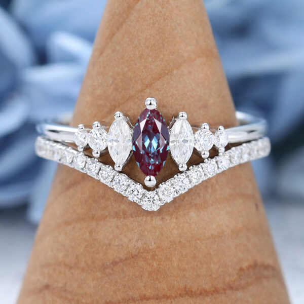 Marquise cut Lab Alexandrite engagement ring Set white gold vintage engagement ring Curved ring Antique moissanite Bridal Anniversary ring set