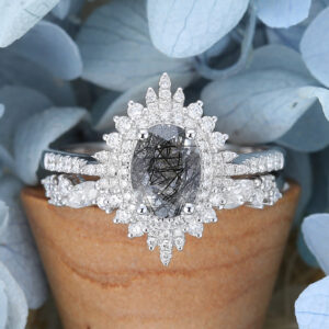 White Gold Oval Cut Black Rutilated Quartz Vintage Engagement Ring Set1