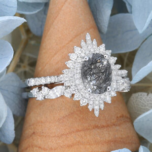 White Gold Oval Cut Black Rutilated Quartz Vintage Engagement Ring Set2