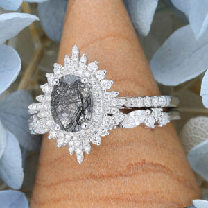 White Gold Oval Cut Black Rutilated Quartz Vintage Engagement Ring Set3