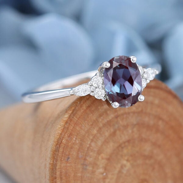 Vintage Cluster White Gold Oval Alexandrite Engagement Ring