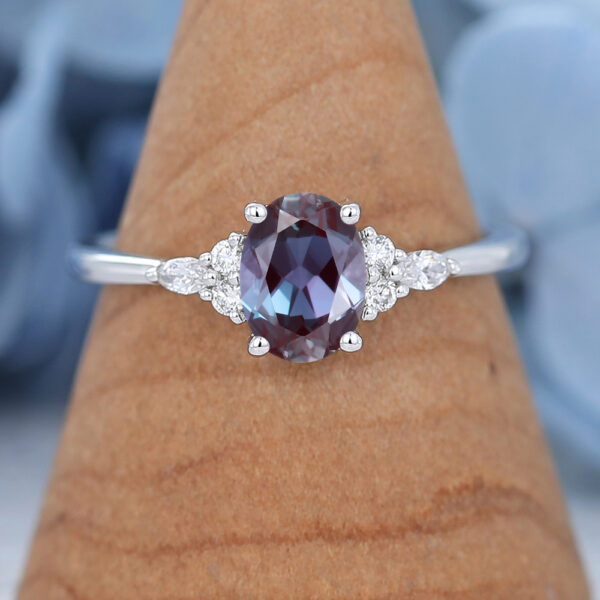 Oval Lab Alexandrite engagement ring Vintage Diamond cluster ring White gold Marquise cut Wedding ring Unique Bridal Promise Anniversary ring