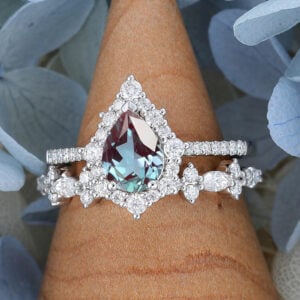 White Gold Pear Shaped Lab Alexandrite Eneagement Ring Set3