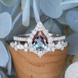 White Gold Pear Shaped Lab Alexandrite Eneagement Ring Set4