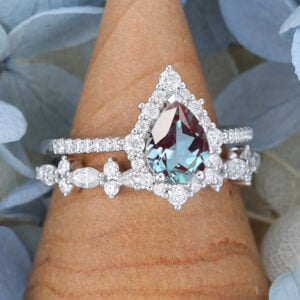 White Gold Pear Shaped Lab Alexandrite Eneagement Ring Set5
