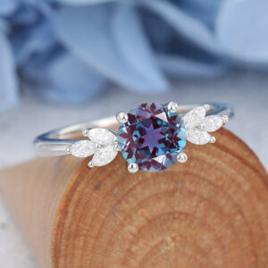 White Gold Round Cut Lab Alexandrite Engagement Ring1