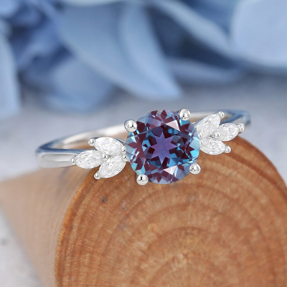 Vintage Lab White Gold Cluster Alexandrite Promise Ring