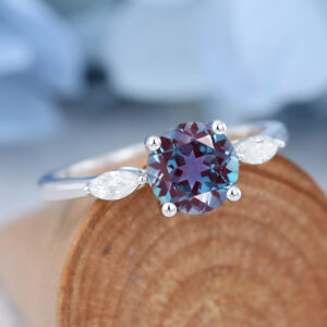 White Gold Round Cut Lab Alexandrite Engagement Ring2