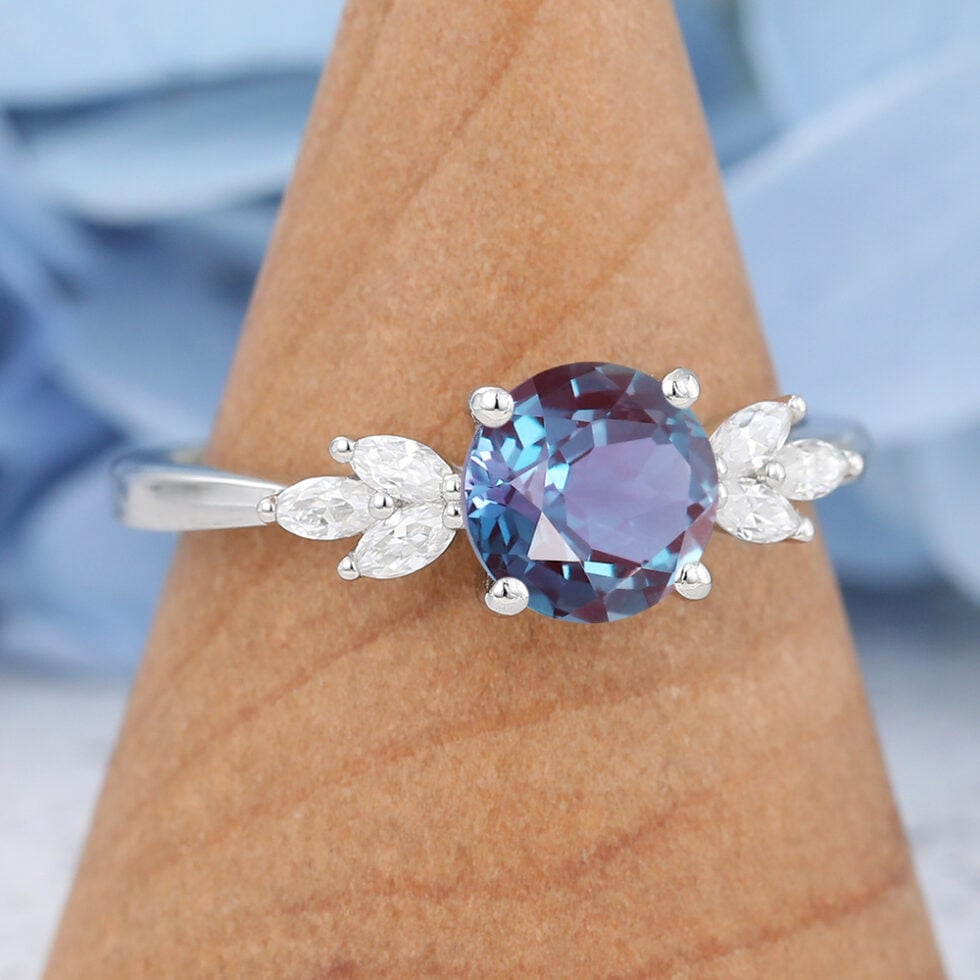 Vintage Lab White Gold Cluster Alexandrite Promise Ring