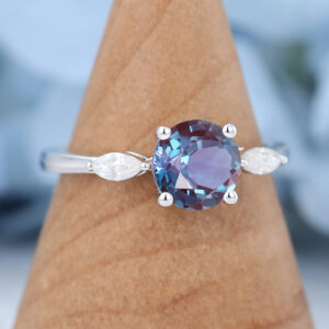 White Gold Round Cut Lab Alexandrite Engagement Ring3