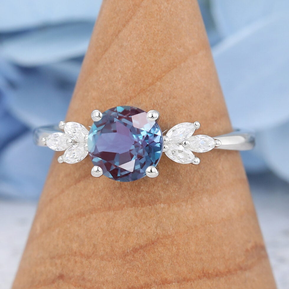 Vintage Lab White Gold Cluster Alexandrite Promise Ring