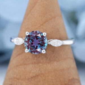 White Gold Round Cut Lab Alexandrite Engagement Ring4