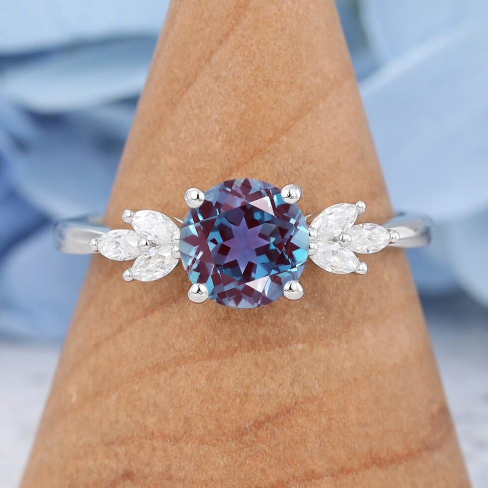 Vintage Lab White Gold Cluster Alexandrite Promise Ring