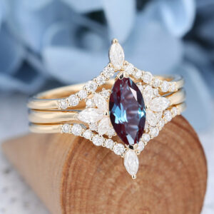 Yellow Gold Marquise Cut Lab Alexandrite Eneagement Ring Set