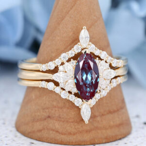 Yellow Gold Marquise Cut Lab Alexandrite Eneagement Ring Set1