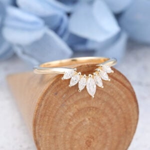 Yellow Gold Marquise Cut Moissanite Curved Wedding Band1