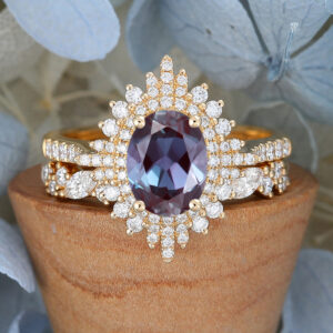 Yellow Gold Oval Cut Lab Alexandrite Eneagement Ring Set