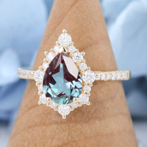 Yellow Gold Pear Shaped Lab Alexandrite Engagement Ring1