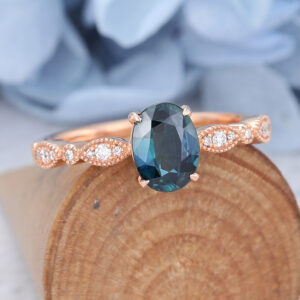 Amandafinejewelry Oval Cut Blue Green Sapphire Ring Rose Gold Art Deco Diamond Stacking Ring