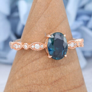 Amandafinejewelry Oval Cut Blue Green Sapphire Ring Rose Gold Art Deco Diamond Stacking Ring1