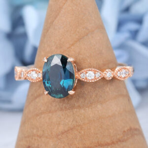 Amandafinejewelry Oval Cut Blue Green Sapphire Ring Rose Gold Art Deco Diamond Stacking Ring2