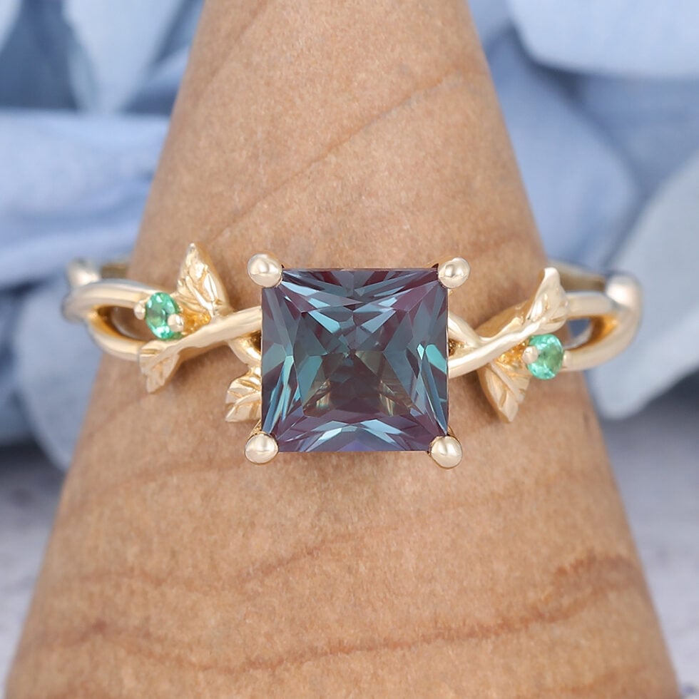 Vintage Yellow Gold Alexandrite Engagement Ring Princess Cut