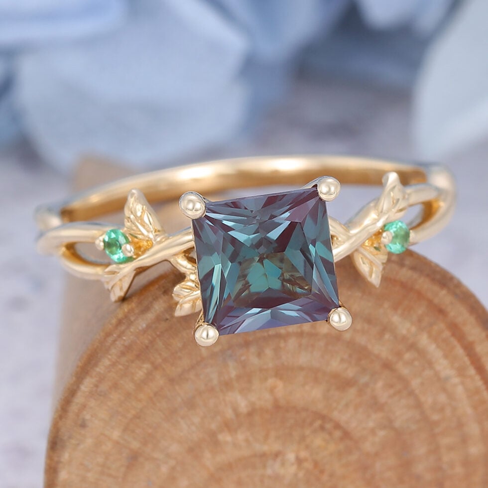 Vintage Yellow Gold Alexandrite Engagement Ring Princess Cut