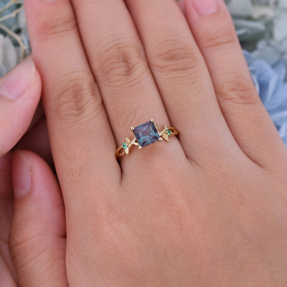 Vintage Yellow Gold Alexandrite Engagement Ring Princess Cut
