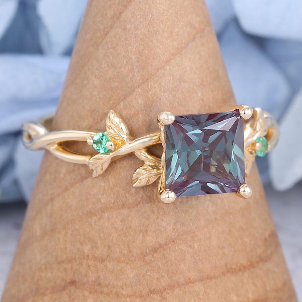 Vintage Yellow Gold Alexandrite Engagement Ring Princess Cut