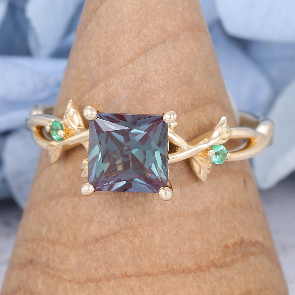 Vintage Yellow Gold Alexandrite Engagement Ring Princess Cut