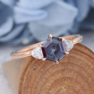 Lab Alexandrite Hexagon Cut Engagement Ring Vintage Unique 14K Yellow Gold Art Deco Stacking Ring1