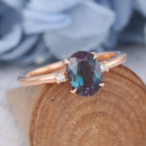 Lab Alexandrite Oval Cut Engagement Ring Vintage Unique Rose Gold Art Deco Stacking Ring1