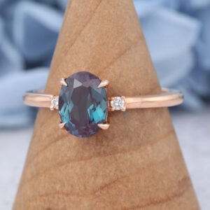 Lab Alexandrite Oval Cut Engagement Ring Vintage Unique Rose Gold Art Deco Stacking Ring4