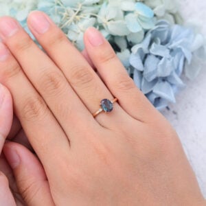 Lab Alexandrite Oval Cut Engagement Ring Vintage Unique Rose Gold Art Deco Stacking Ring6