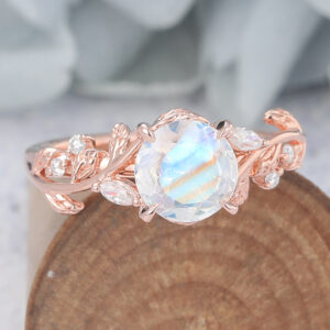 14k Rose Gold Vintage Moonstone Engagement Ring fatures a large round moonstone and nature-inspired rose gold band, which is a rose gold moonstone ring for engagement. gemini birthstones