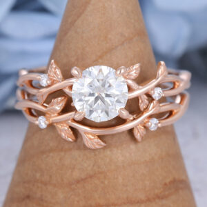 Unique Leaf Rose Gold Moissanite Engagement Ring Set