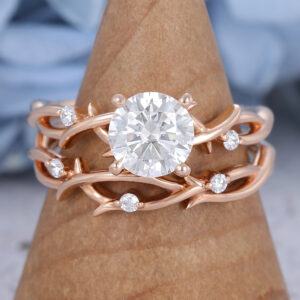 Amandafinejewelry Vintage Moissanite Engagement Ring Set Rose Gold Leaf Engagement Ring Art Deco Women Unique Diamond Ring Bridal Set Promise Ring Anniversary