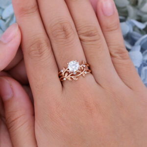 Unique Leaf Rose Gold Moissanite Engagement Ring Set