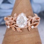 Vintage Rose Gold Leaf Pear Moissanite Engagement Ring Set